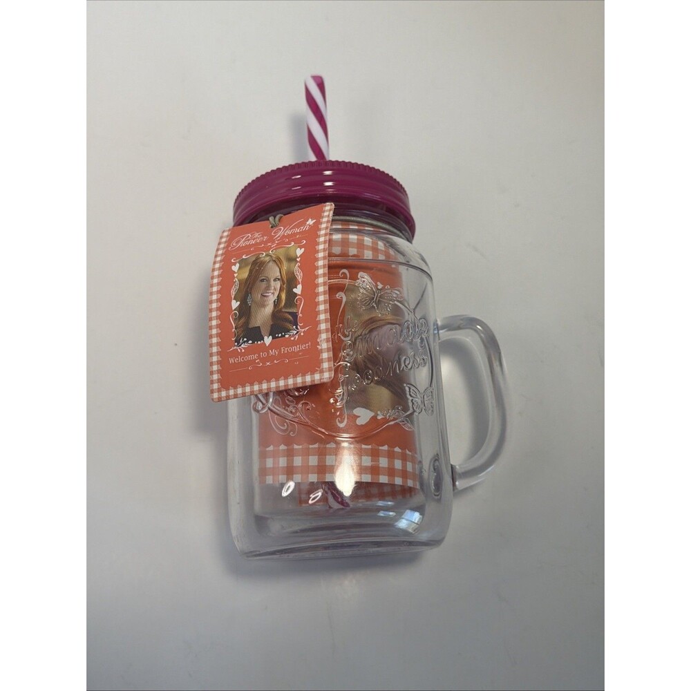 Pioneer Woman Plastic Mason Drinking Jar 16 Oz With Straw Buttterflies